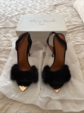 Black Fur Pointed Slingback Heels with Gold Toe